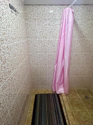 a shower with a pink shower curtain in a bathroom at Гостевой дом Сафар in Kapchagay