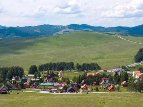 a small town with a green hill in the distance at Vila Deniri in Zlatibor