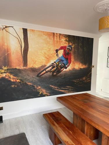 a painting of a man riding a bike in a forest at Bike Park View in Merthyr Tydfil