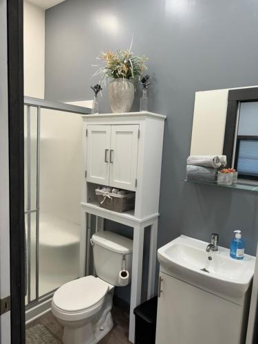 a bathroom with a toilet and a sink at Sugar on The Sugar River in Albany