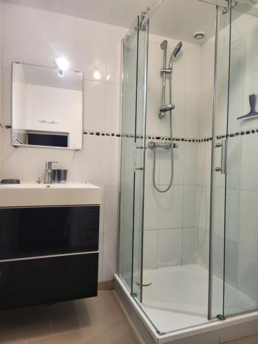 une salle de bain avec une douche en verre et un lavabo dans l'établissement La Coquille, au Crotoy