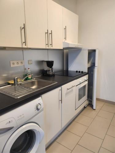 une cuisine avec un évier et une machine à laver dans l'établissement La Coquille, au Crotoy