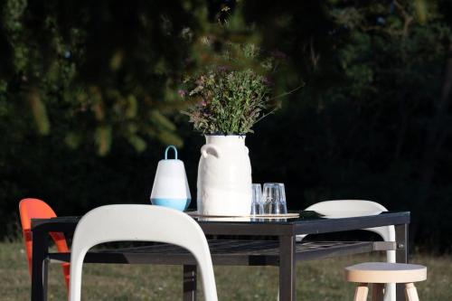 a table with chairs and a vase with flowers on it at Ankina kućica Vodeničko brdo in Pranjani