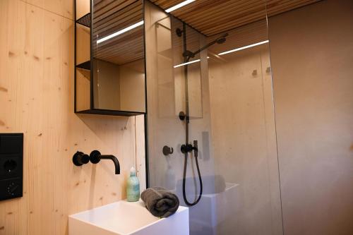 a bathroom with a shower and a sink at Green Tiny Village Harz - Tiny House Pioneer 10 in Osterode