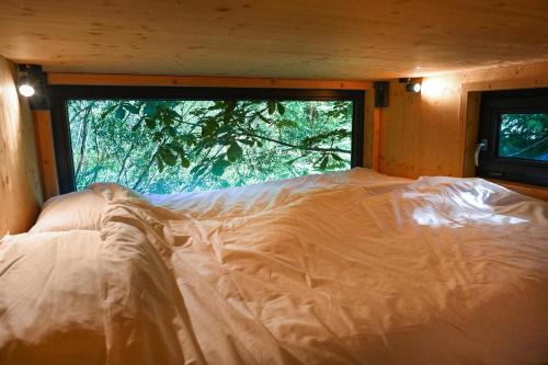 uma cama grande num quarto com uma janela em Green Tiny Village Harz - Tiny House Nature 13 em Osterode