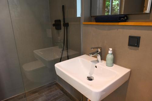a bathroom with a white sink and a shower at Green Tiny Village Harz - Tiny House Nature 13 in Osterode