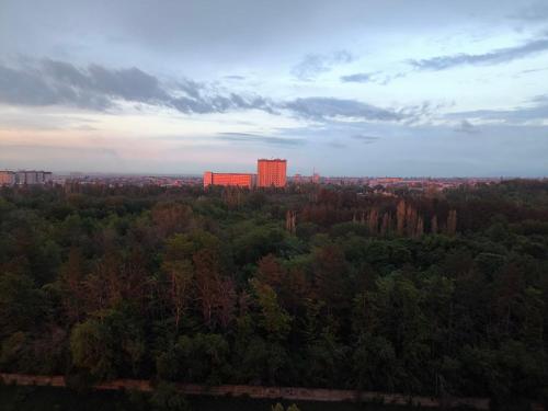 an aerial view of a city with a building in the background at Элитная 2х комнатная квартира на набережной c видом на ботаничнеский сад 6мкр in Bishkek