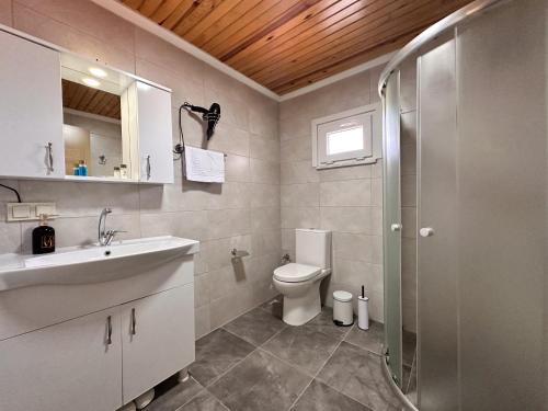 a bathroom with a toilet and a sink and a shower at Olive Branch Hotel in Ayvalık