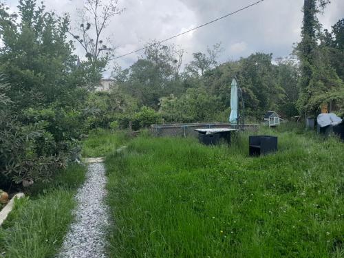a path through a field of grass with an umbrella at Séjour au Pyrénées Atlantique in Baigts-de-Béarn