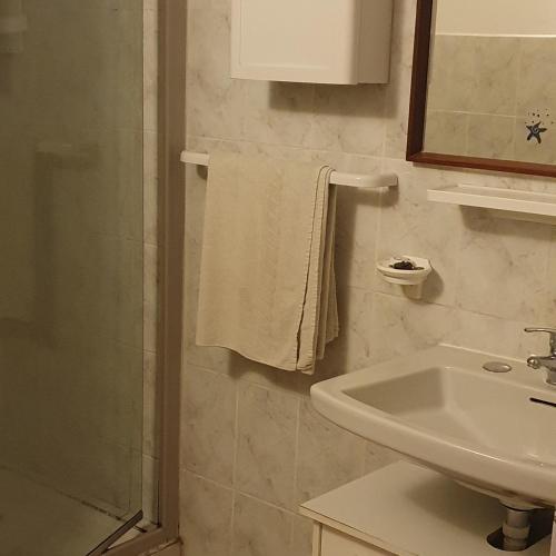 a bathroom with a sink and a shower and a towel at La DOGARESSA in Porto Viro