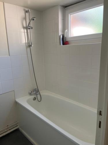 une salle de bain avec une baignoire et une fenêtre dans l'établissement Mozafar, au Mans