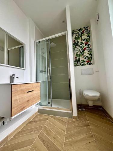 une salle de bain avec douche et toilettes dans l'établissement Emeraude, à Rouen