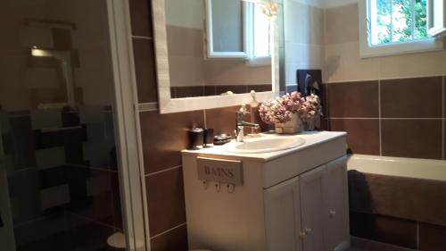 une salle de bain avec un lavabo et un miroir dans l'établissement Gîte de charme en Provence, à Pernes-les-Fontaines