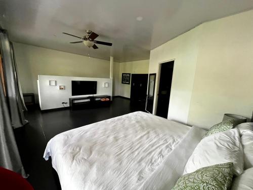 a bedroom with a bed and a ceiling fan at Good Life Lodge in Sámara