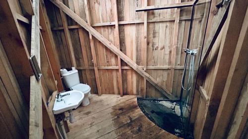 a bathroom with a toilet and a glass shower at WisiLas Nad Sercowym Potokiem in Rabka-Zdrój