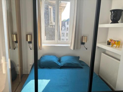 un lit avec des oreillers bleus dans une chambre avec un miroir dans l'établissement Studio totalement rénové en plein centre-ville devant la Préfecture de Lyon, à Lyon