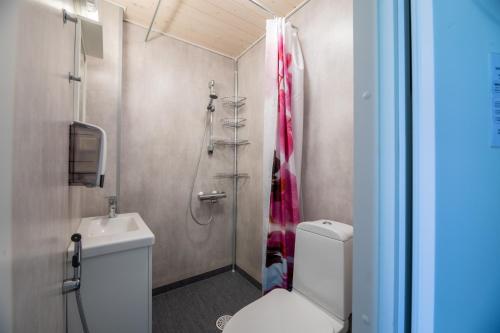 a bathroom with a white toilet and a shower at Keskusta Business Studio Vanha Postitalo in Varkaus