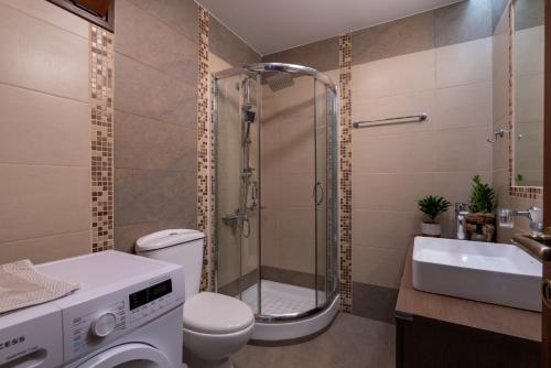 a bathroom with a shower and a toilet and a sink at Evelyn Villa Crete in Tsoútsouros