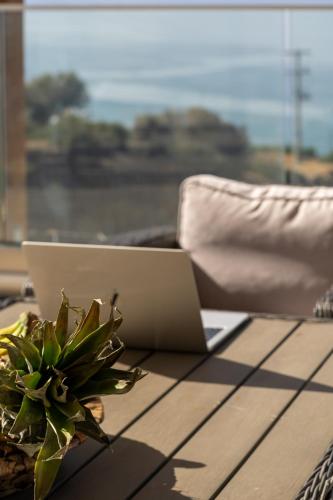 a laptop computer sitting on a wooden table with a plant at Evelyn Villa Crete in Tsoútsouros