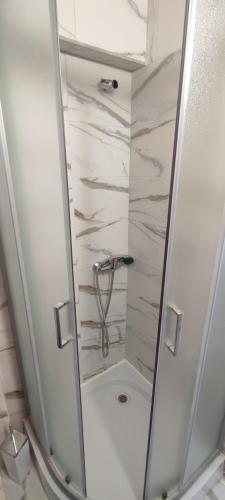 a shower with a glass door in a bathroom at Apartman BS in Velika Gorica