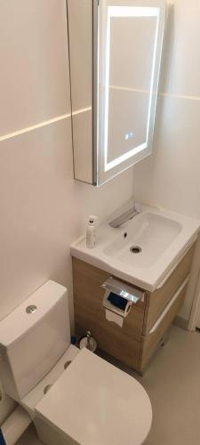 une salle de bain avec des toilettes blanches et un lavabo dans l'établissement Appartement 2 pièces Port-Camargue - Le Grau-du-Roi, Plage Sud, au Grau-du-Roi