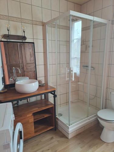 a bathroom with a shower and a sink and a toilet at Gîte l'escapade in Crozant