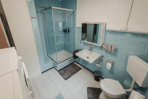 a bathroom with a shower and a toilet and a sink at große Wohnung in Weinheim mit Charme in Weinheim