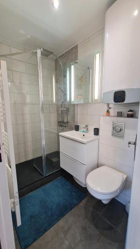une salle de bain blanche avec toilettes et douche dans l'établissement Appartement lumineux dans résidence calme et arborée, à Cabourg