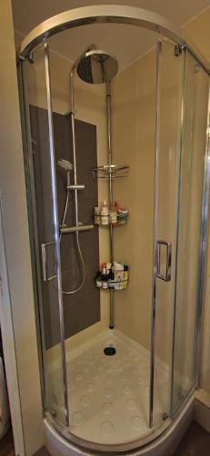 une douche avec une porte vitrée dans une salle de bain dans l'établissement Tour Reflet Paris 15, A cozy and welcoming home, just like your own, à Paris