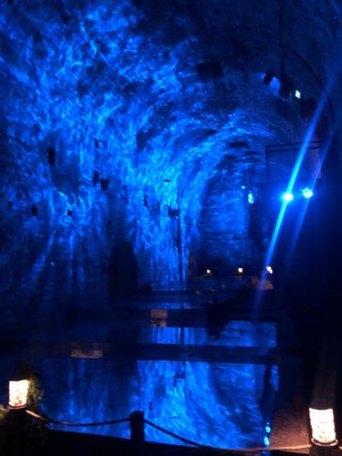 une grotte bleue avec un mur en pierre la nuit dans l'établissement Villa bonne entente, à Donchery