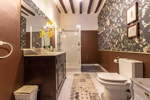 a bathroom with a toilet and a sink and a shower at Peregrinando, pensión con encanto in Navarrete