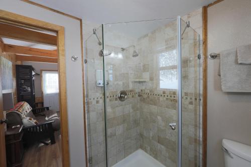 a bathroom with a shower with a glass door at Spruce Cabin in Talkeetna