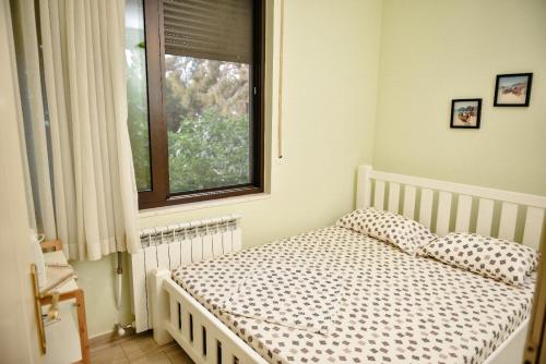 una piccola camera da letto con un letto e una finestra di Panoramic View over Shkodra's Lake - Serena Home a Shkodër