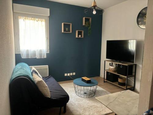 un salon avec un canapé et une télévision à écran plat dans l'établissement Studio cosy intramuros Avignon, à Avignon