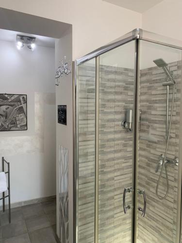 a shower with a glass door in a bathroom at Maison Jean-Luc - app Vittorio in Bra