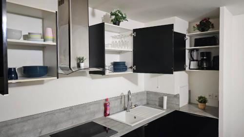 - une cuisine avec un évier et un miroir dans l'établissement Nice business apartment Paris, à Nanterre