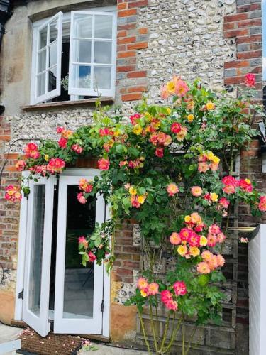 a bunch of flowers on the side of a building at Beautiful 18th century cottage in Arundel in Arundel
