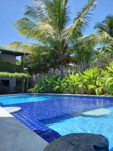 a blue swimming pool with palm trees in the background at Pousada Taipa dos Milagres in São Miguel dos Milagres