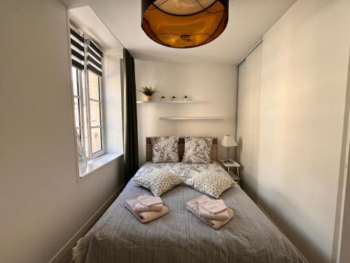 une petite chambre avec un lit avec deux oreillers dans l'établissement L'Elégant Bayeusain - Appartement 4P Centre Bayeux, à Bayeux