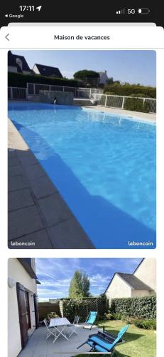 deux photos d'une grande piscine avec deux chaises dans l'établissement Charmante maison avec piscine , plage à 500 m , location du samedi au samedi !!!, à Erdeven