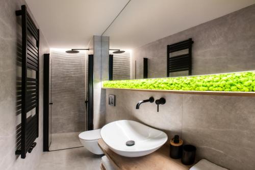 a bathroom with a sink and a toilet and a shower at White Wolf Boutique Apartments in Olomouc