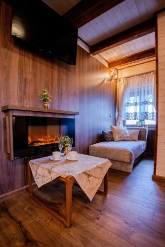 a living room with a couch and a fireplace at Dworek Biała Dama Klimatyczne Pokoje in Gniezno