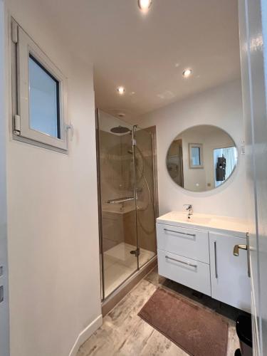 une salle de bain avec une douche, un lavabo et un miroir dans l'établissement L'Elégant Bayeusain - Appartement 4P Centre Bayeux, à Bayeux