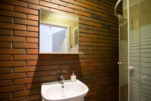 a bathroom with a sink and a mirror at Villa Jeziorki 71 in Warsaw