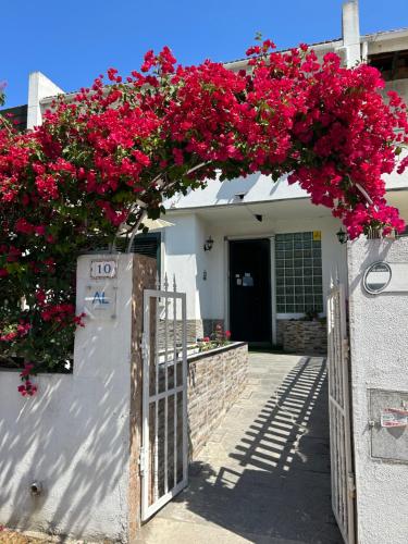 a gate to a house with pink flowers on it at Bing Garden Guesthouse in Lisbon