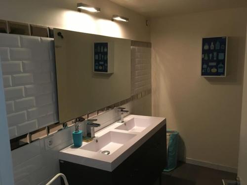 une salle de bain avec un lavabo et un grand miroir dans l'établissement Magnifique villa avec piscine en Provence, à Gémenos