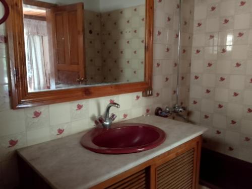 a bathroom with a red sink and a mirror at Available for Kalam in Kalām