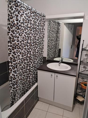une salle de bain avec un lavabo et un rideau de douche dans l'établissement Grand T2 avec Balcon et parking - Canal du Midi, à Ramonville-Saint-Agne