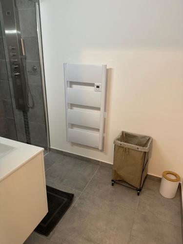 La salle de bains est pourvue d'une douche et d'une poubelle. dans l'établissement Charmant T2 vue mer, à Ajaccio