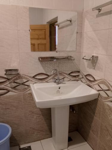 a bathroom with a white sink and a mirror at Eagle Nest Cottage, Kalam in Kalām